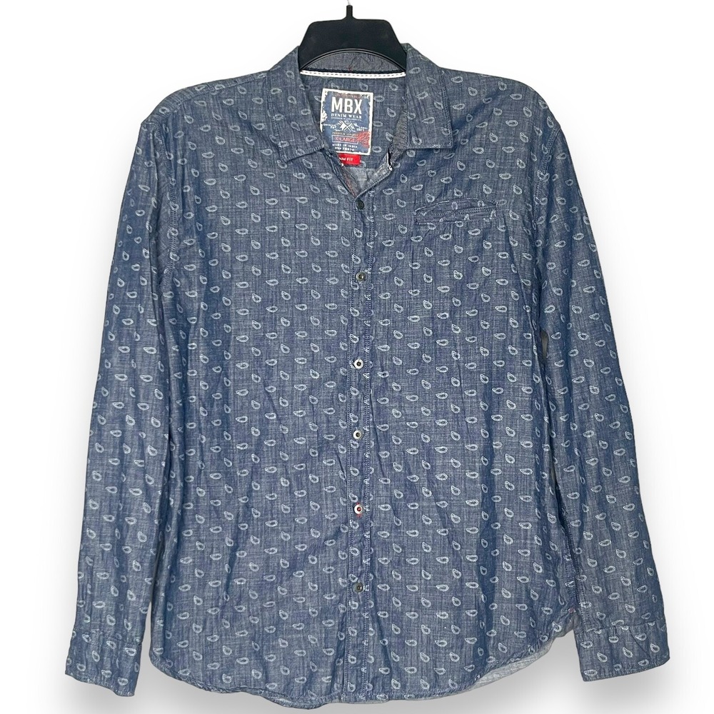 MBX Men's XL‎ Button Up Shirt Navy Blue Geometric Paisley Long Sleeve Cotton Top